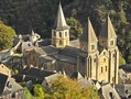 Aerial view of the church of Sainte Foy at Conques, contemporary with Durham Cathedral. Its two western towers resemble what those of Durham Cathedral would have looked like with spires.